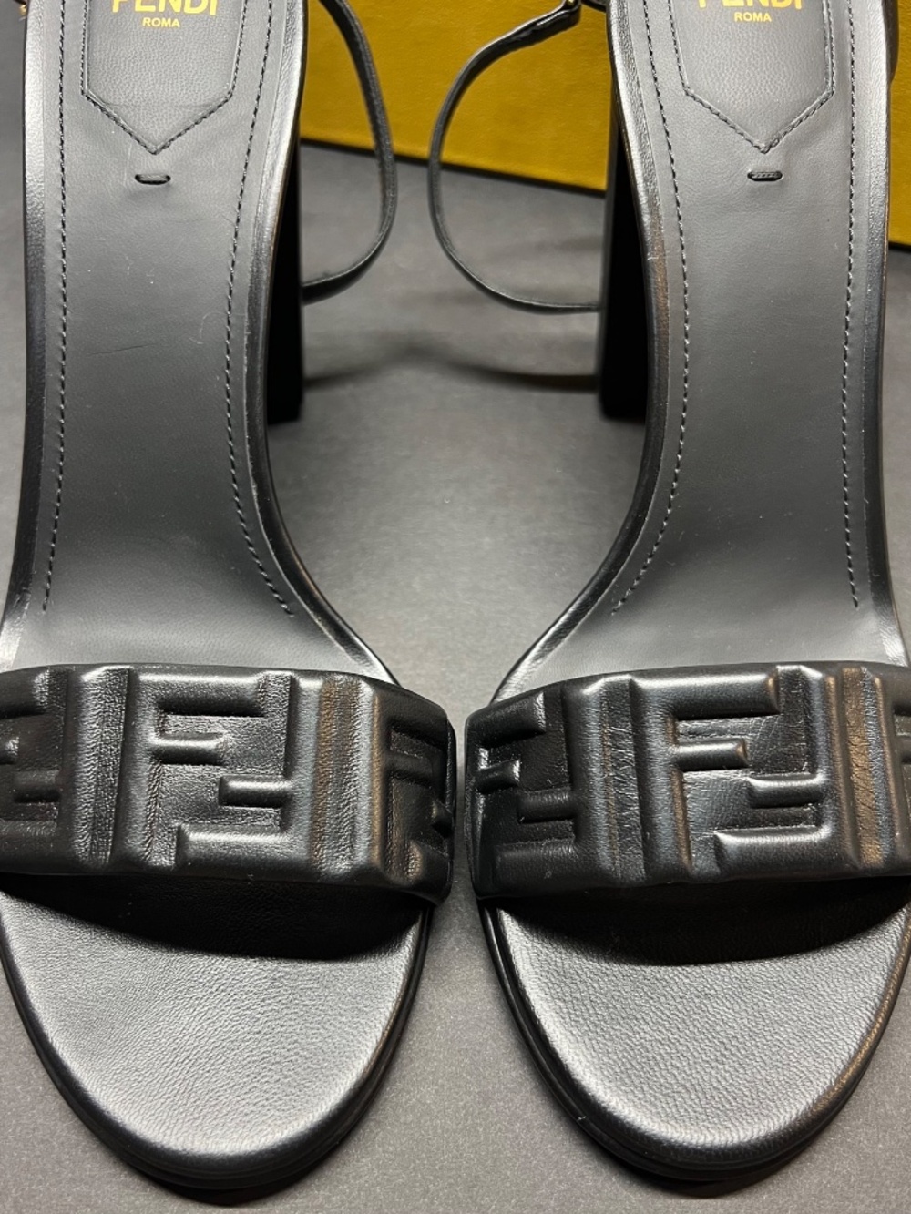 New Fendi Delfina Sandal Black Leather Ankle Strap High Heeled Logo Shoe sz 12 / - Picture 3 of 10